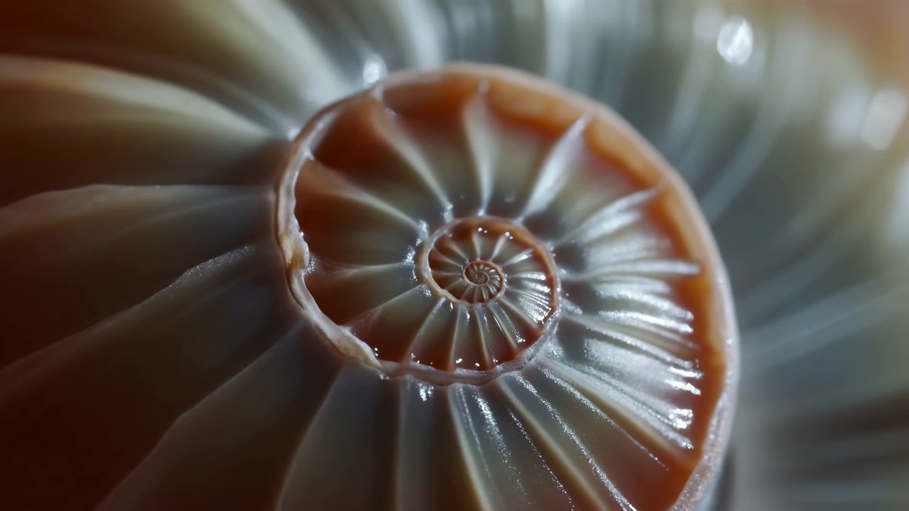 Vista macro se aproxima de uma concha espiral polida, revelando sulcos radiantes, destaques reflexivos e profundidade rasa enquanto o centro espiralado se move suavemente através de curvas suavemente desfocadas
