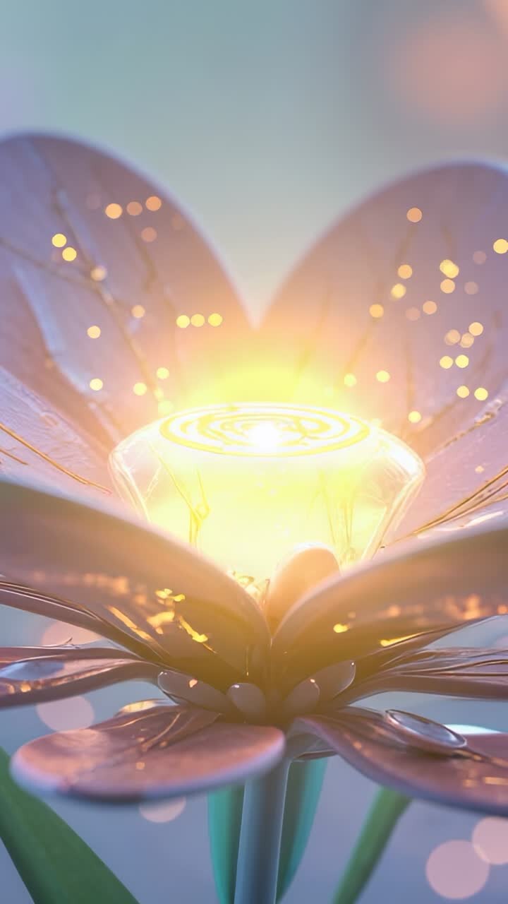 Vertical video: Metallic flower radiating glow on petals and emitting sparks on blue-green backdrop