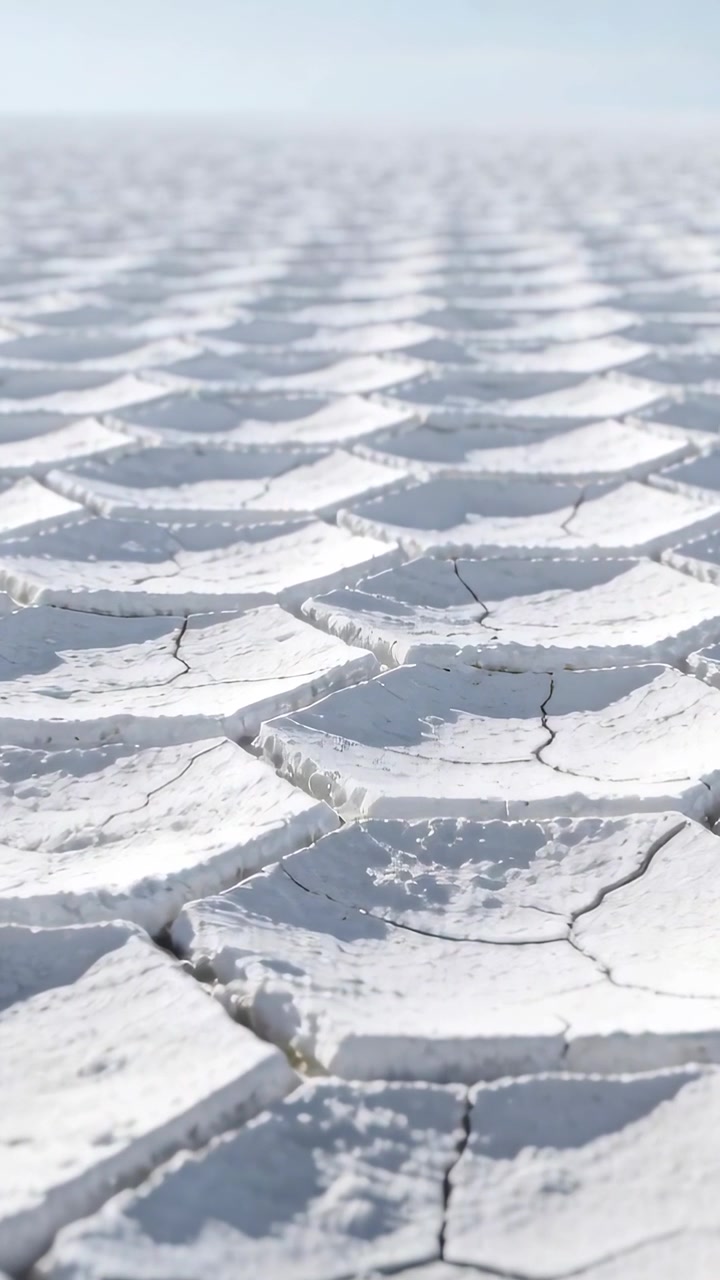 Vertical video: Camera pulling back showing cracked white hex plates on dry salt flat, adding depth