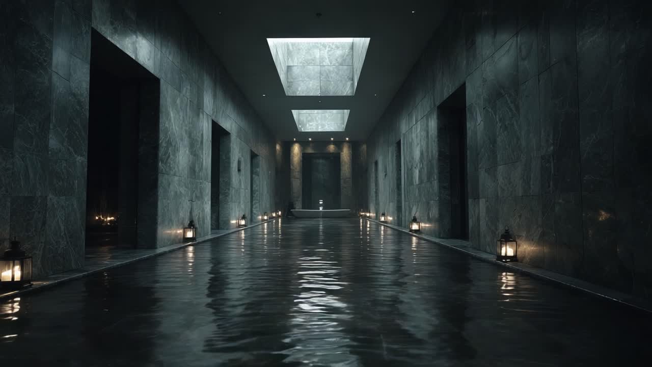 A Serene and Tranquil Interior: An Elegant Hallway with Reflective Water, Soft Lighting, and Striking Architectural Details Creating a Calm Atmosphere