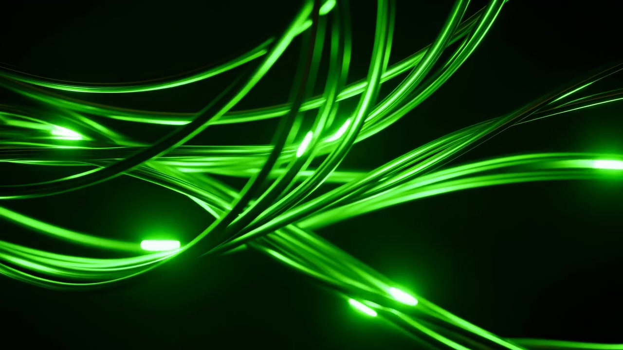 Nastri verde neon si inarcano e si incrociano nell'oscurità mentre punti luminosi viaggiano lungo percorsi curvi e lisci, creando linee sovrapposte, un bagliore lucido e un movimento astratto mutevole