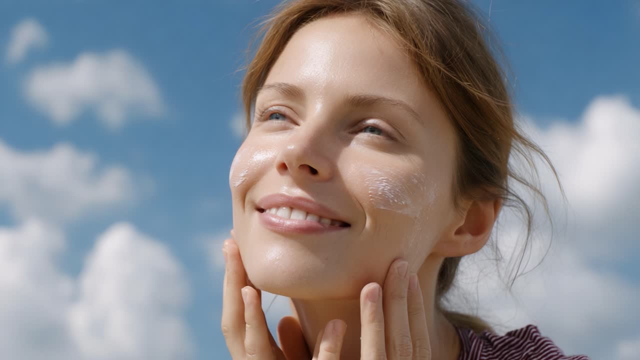 A young woman applies sun protection cream on her face while enjoying the outdoors, radiating joy and a carefree spirit under a bright blue sky with fluffy clouds