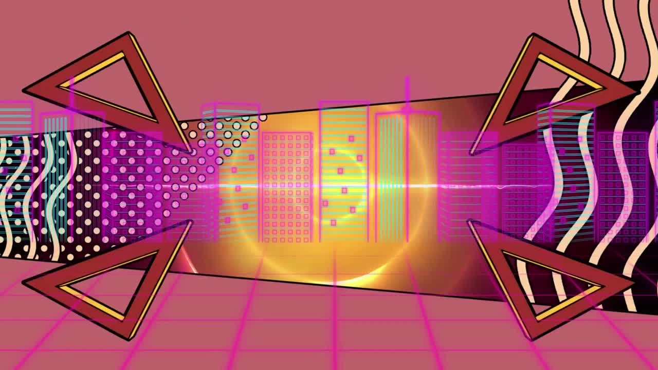 ⁇ 은 배경에 3d 네온 도시 풍경 위에 움직이는 추상적인 모양의 디지털 애니메이션