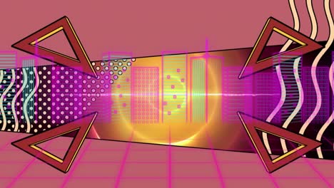 Digital-animation-of-abstract-shapes-moving-over-3d-neon-cityscape-against-red-background