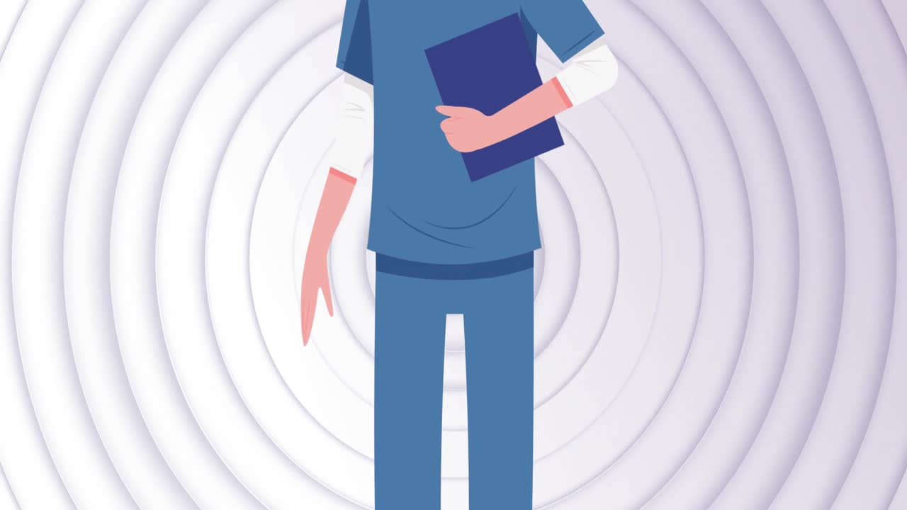 ⁇ 색 배경에 얼굴 마스크를 쓴 여성 의사의 애니메이션