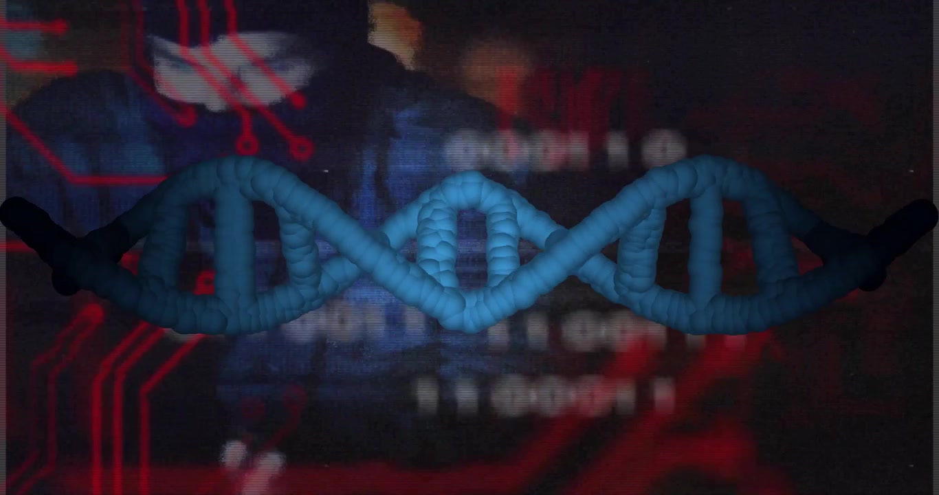 Cyan helix waving, splitting, rungs pulsing, bulging, relaxing as red circuits emerging showing DNA