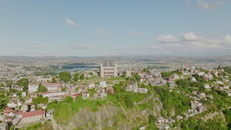 Wide-drone-shot-of-Rova---historical-palace-of-kings-on-the-hill-in-Antananarivo---Madagascar