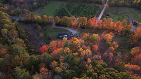 Vista-Aérea-Del-Rancho-Rural-Y-Los-Colores-Del-Bosque-Otoñal,-Casa-Escondida,-Campos-Verdes-A-La-Luz-Del-Sol-De-La-Hora-Dorada,-Disparo-De-Drones