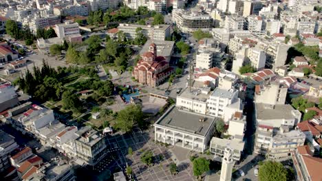 xanthi greece aerial pull back shot, old city center nad plaza view from air, eastern macedonia and thrace