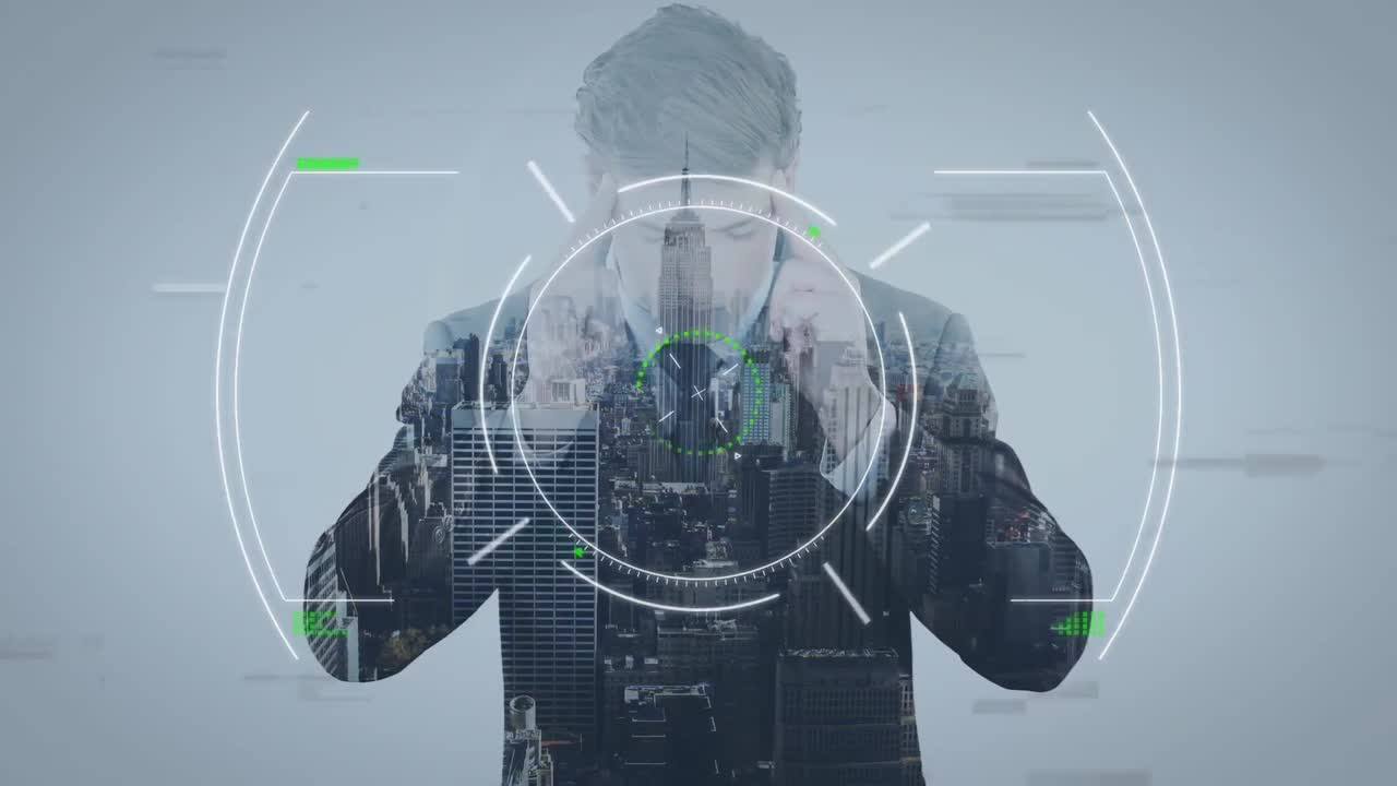 Animation of scope scanning and caucasian businessman over cityscape
