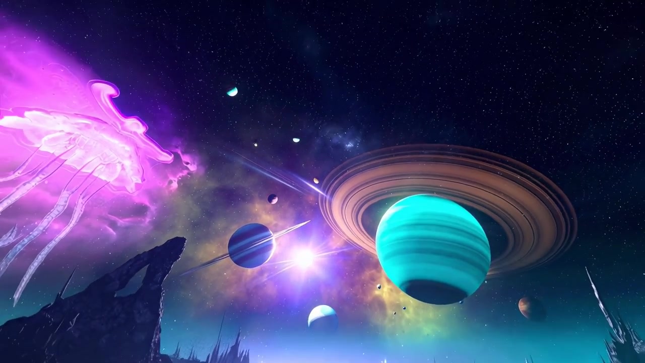 Paesaggio alieno surreale con meduse fluttuanti e pianeti anellati