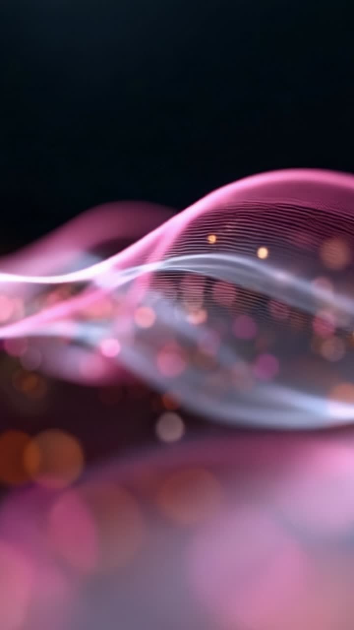 Una visualizzazione ipnotizzante di onde rosa e bianche che scorrono, intervallate da particelle luminescenti, creando un'esperienza visiva accattivante di bellezza astratta.