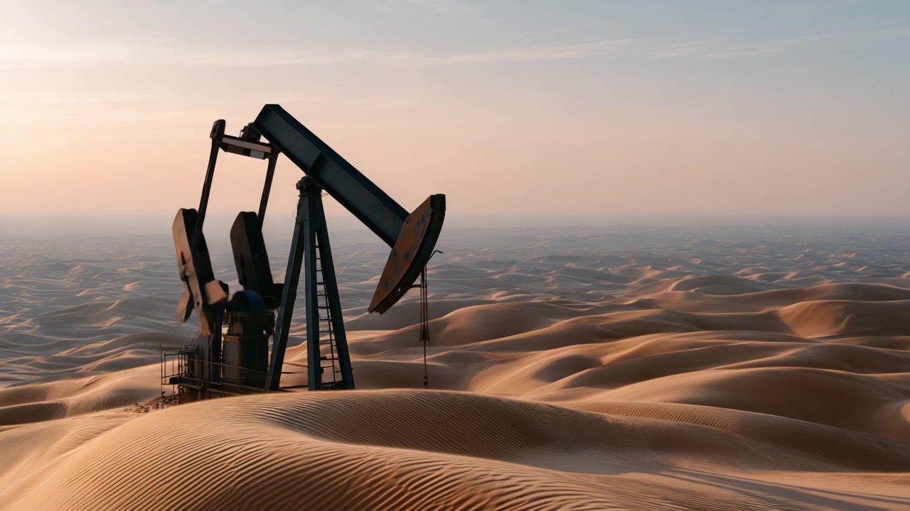 An oil pump jack stands tall amidst vast, undulating sand dunes, symbolizing the intersection of nature and industry in this arid landscape, bathed in warm sunlight during dusk.