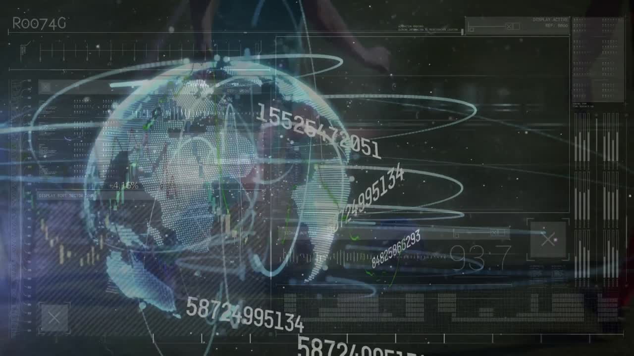 Animation of globe with data processing over diverse football players at stadium