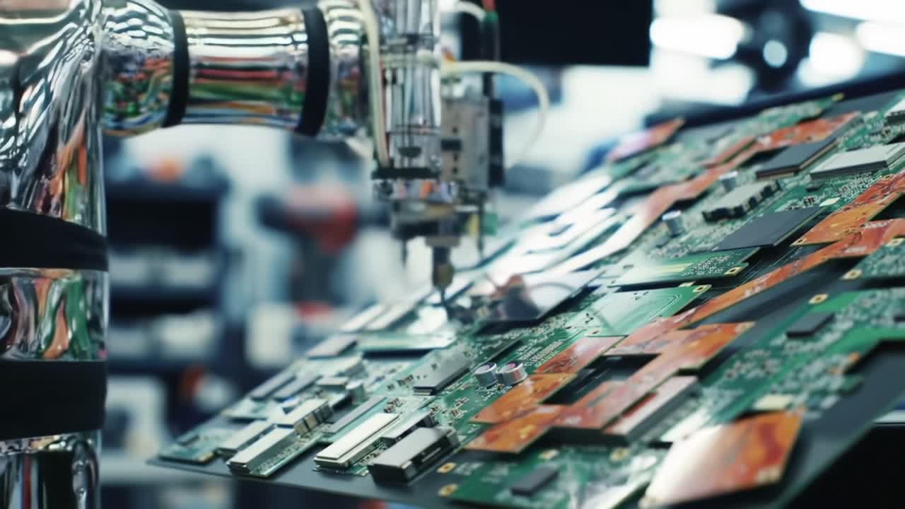 Advanced Robotic Manipulation: A Close-Up on a Precision Robotic Arm as it Assembles Complex Circuit Boards in a High-Tech Manufacturing Environment