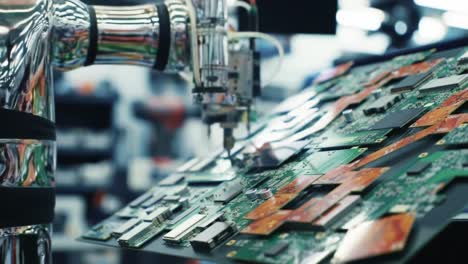 advanced robotic manipulation: a close-up on a precision robotic arm as it assembles complex circuit boards in a high-tech manufacturing environment