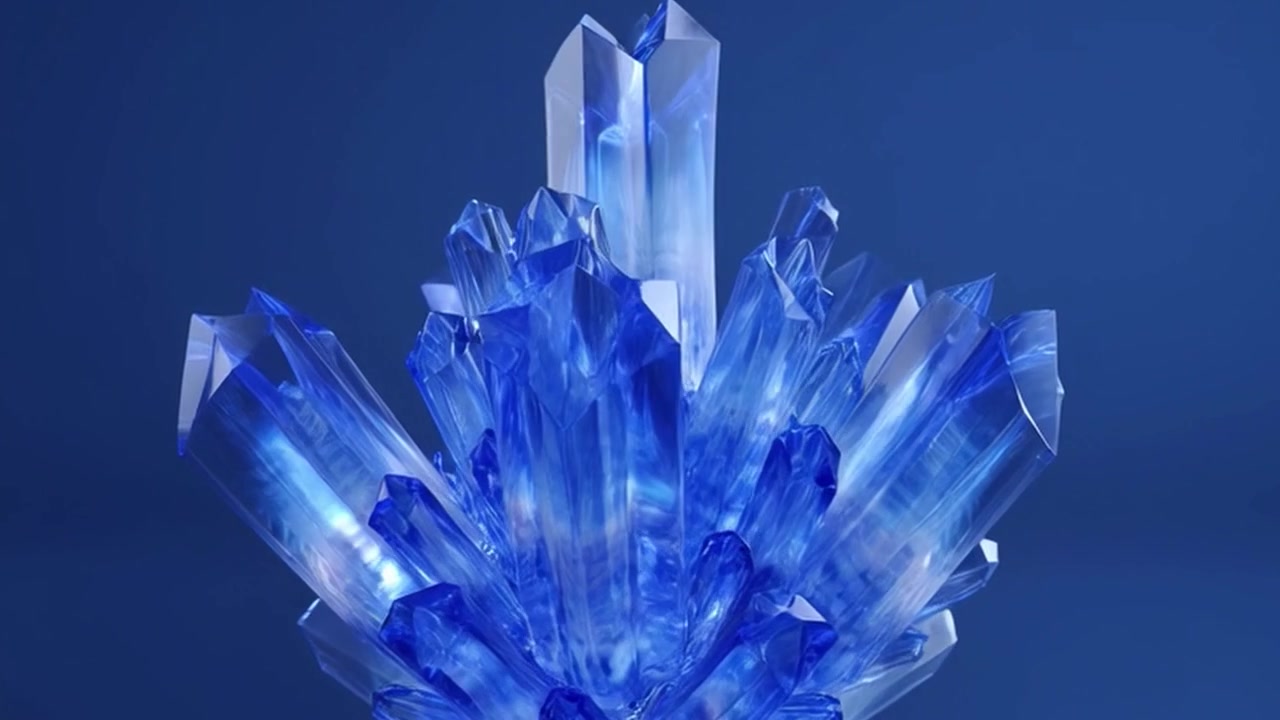 Grappolo di cristalli blu luminescenti che ruota su uno sfondo solido