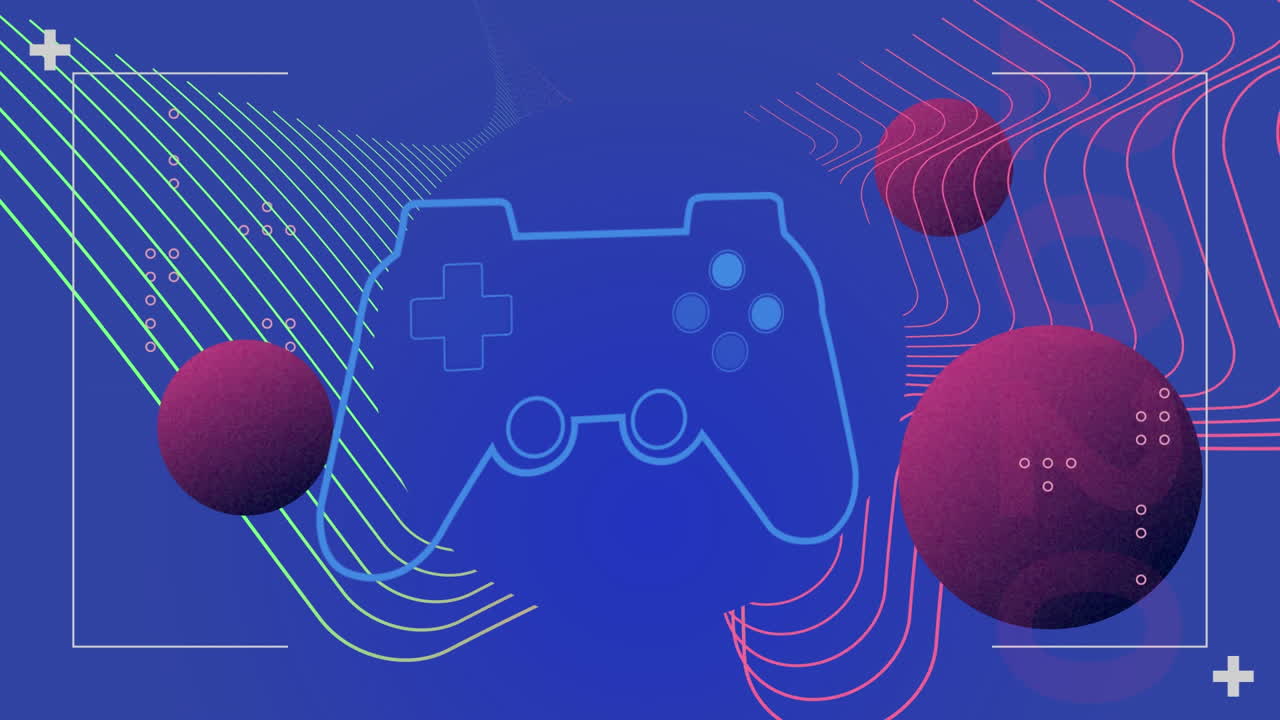 Animation of game pad and purple spheres on blue digital screen