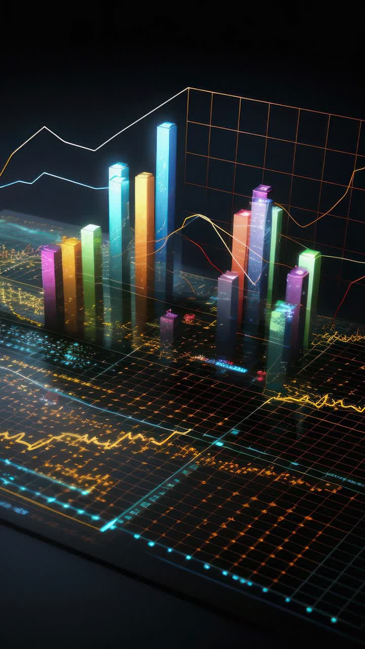 Dynamic 3D bar graph with neon colors and glowing lines, viewed from a low angle