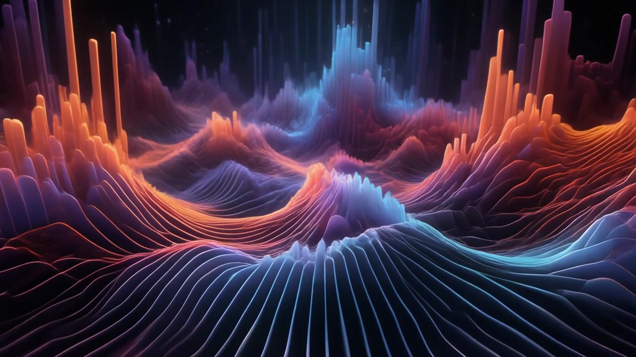 Abstract Digital Landscape with Glowing Orange and Blue Waveform Lines