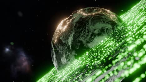 earth showing south america with green digital particles in outer space. include brazil, argentina, colombia. 3d rendering with night lights and energy wave. futuristic technology global connection