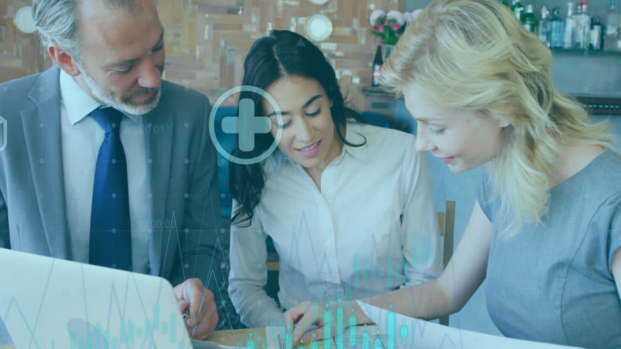 Collaborating in modern office, business professionals analyzing financial data animation