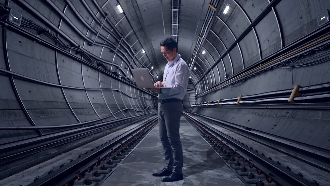 Full Body Side View Of An Asian Male Professional Worker Standing With His Laptop In Underground Subway Tunnel, Typing On His Laptop'S Keybaord With Meditation