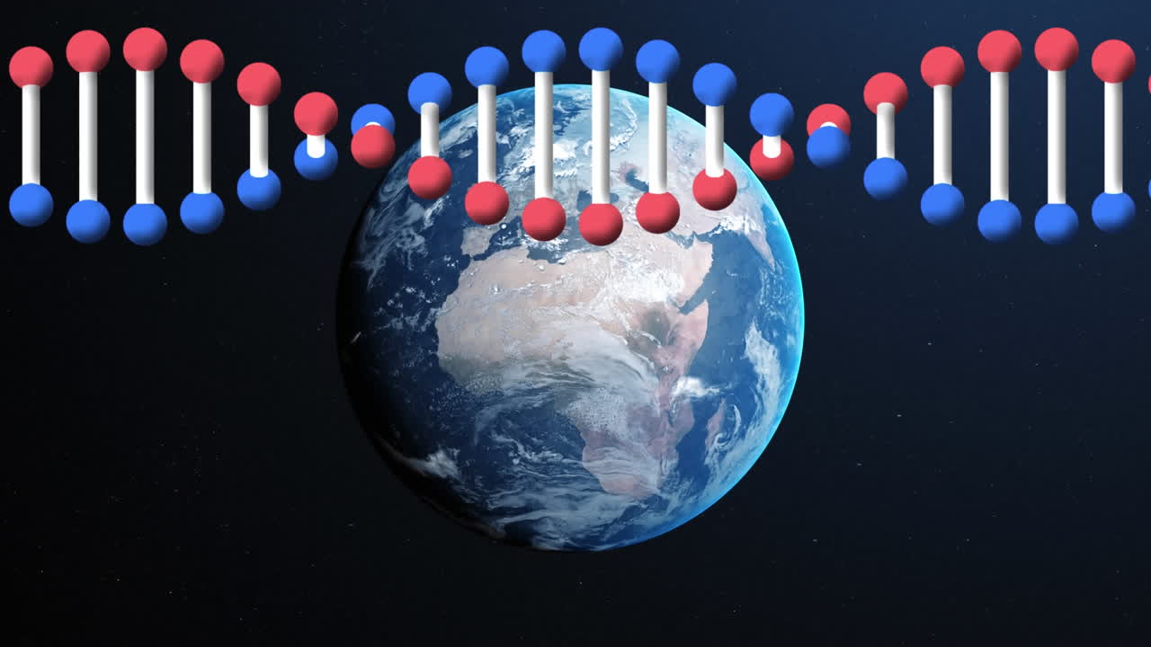 파란색 배경의 지구에 대해 회전하는 dna 구조