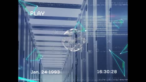Animation-of-data-processing-and-globe-over-server-room