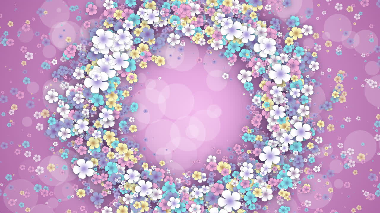 Floral round frame on pink spring background. Small flying flowers with abstract particles. Looped holiday animation.