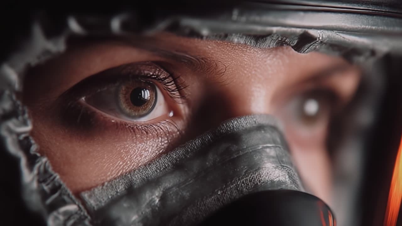 A Close-Up Exploration of Intensity and Focus: An Individual's Eyes Beneath a Mask, Capturing Emotion and Resilience in an Extreme Environment