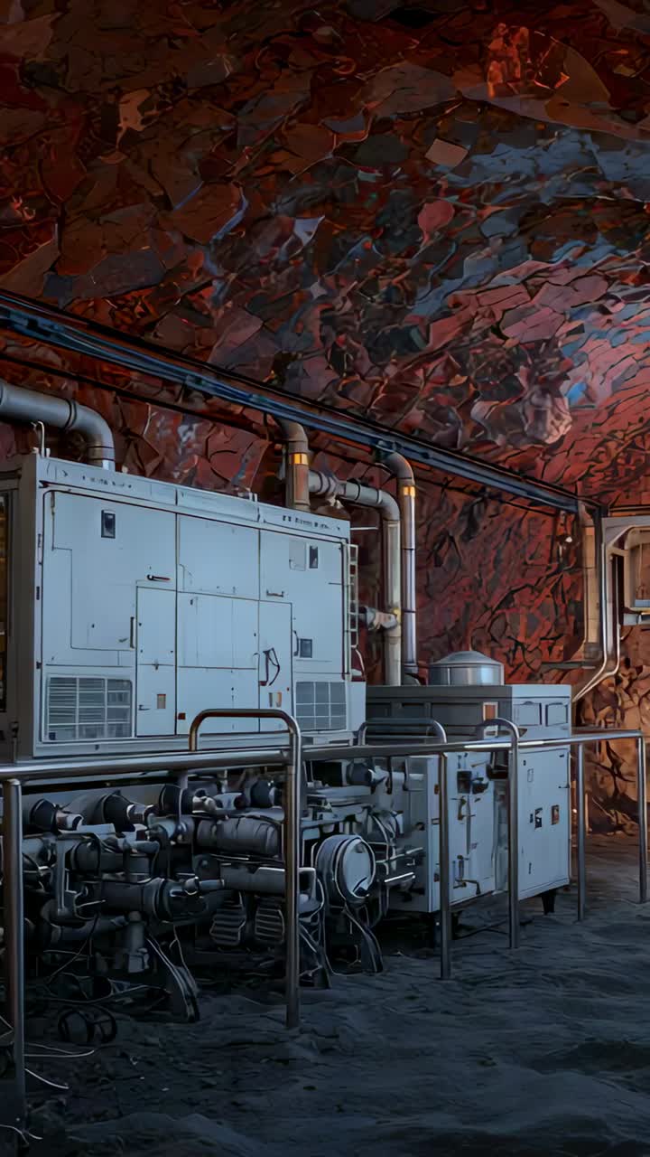 Vertical video: Panning camera revealing generators and piping in rock cavern, showing access hatch