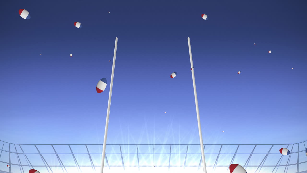 경기장에서 프랑스 국기 색 ⁇ 의 럭비 공의 애니메이션