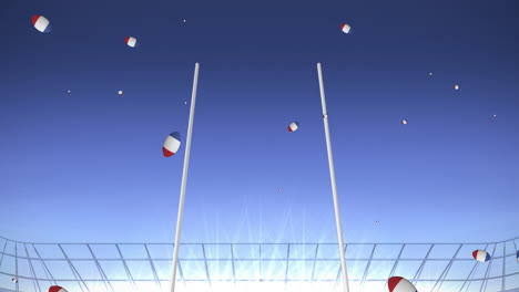 animation of rugby balls coloured with flag of france at stadium