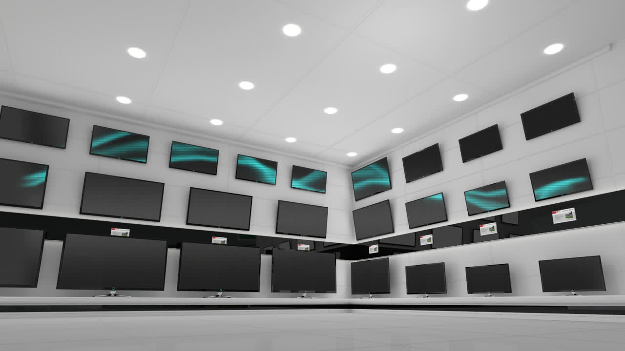 상점 디스플레이에 있는 여러 플래트 스크린 tv를 가로질러 파란색 전기 전류의 애니메이션