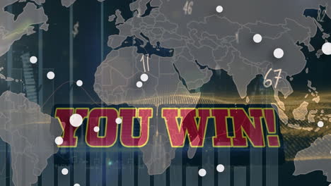 animation of you win text banner and white spots against world map and night city traffic