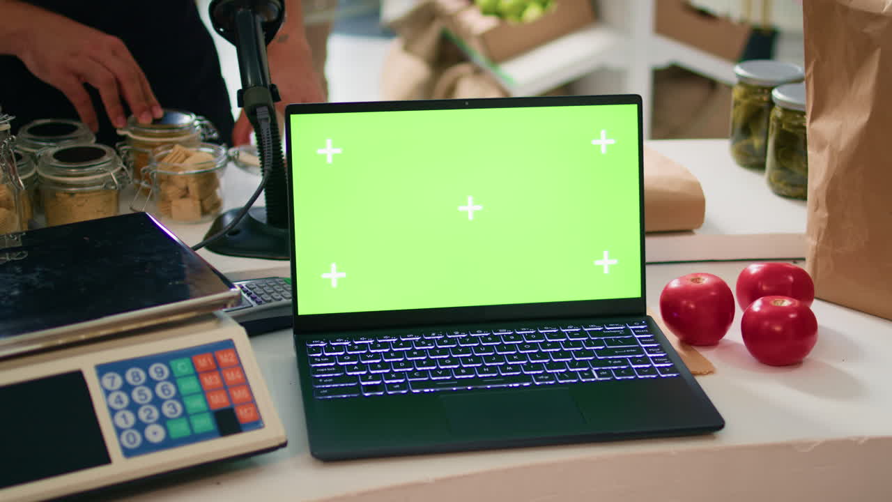 el vendedor en el registro usa una computadora portátil.