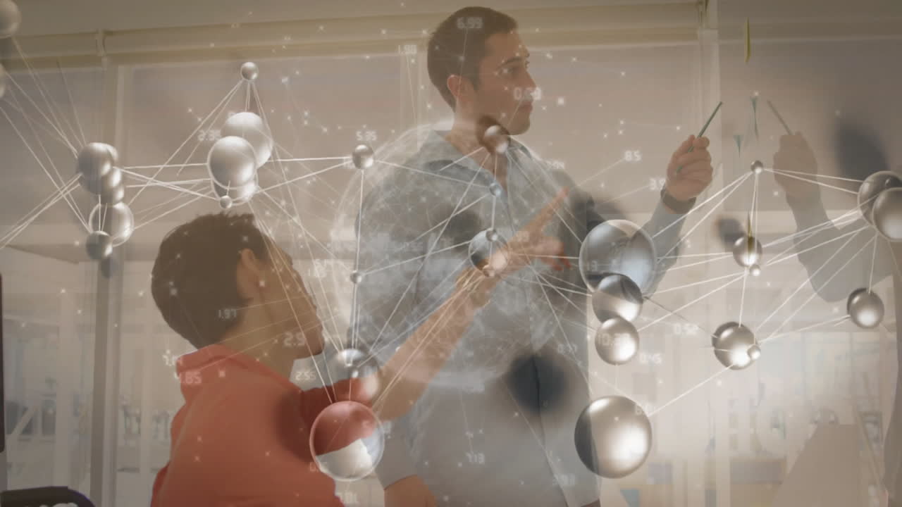 Collaborating in office, people with network connections and data processing animation