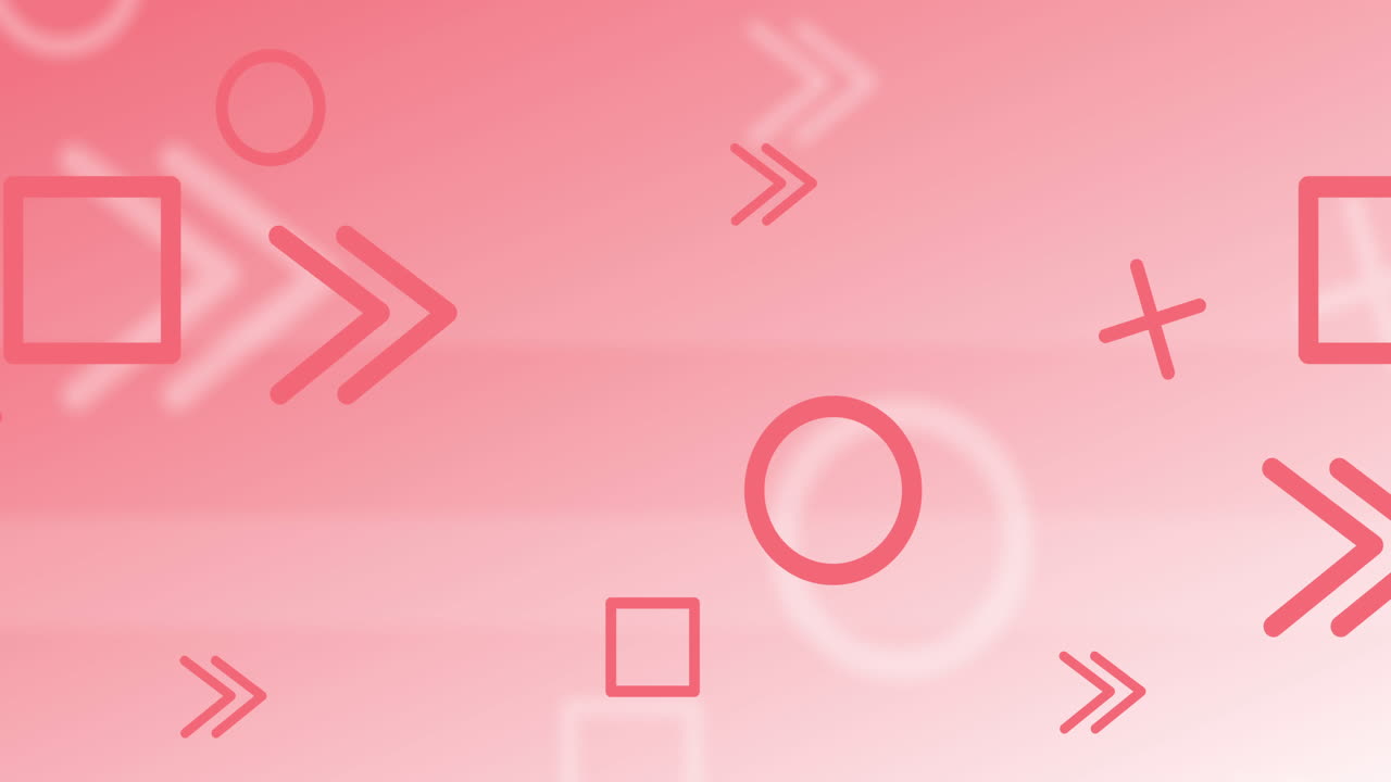 cruces rojas y blancas cuadrados círculos y flechas moviéndose a través de un fondo rosa pálido