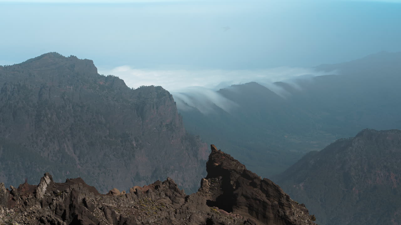 Majestic mountain view from Roque de los Muchachos, showcasing rugged terrain and clouds, timelapse