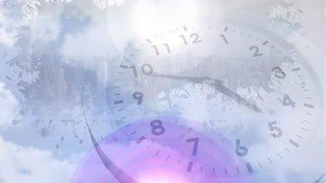 animation of cityscape over clock moving