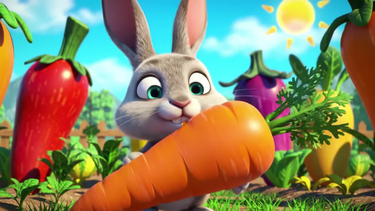 A joyful animated rabbit engages with a vibrant, oversized carrot in a colorful garden teeming with fresh vegetables under a bright sunny sky