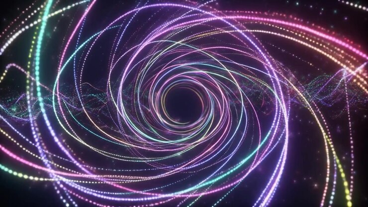 Abstract Neon Light Tunnel with Rotating Particle Spirals