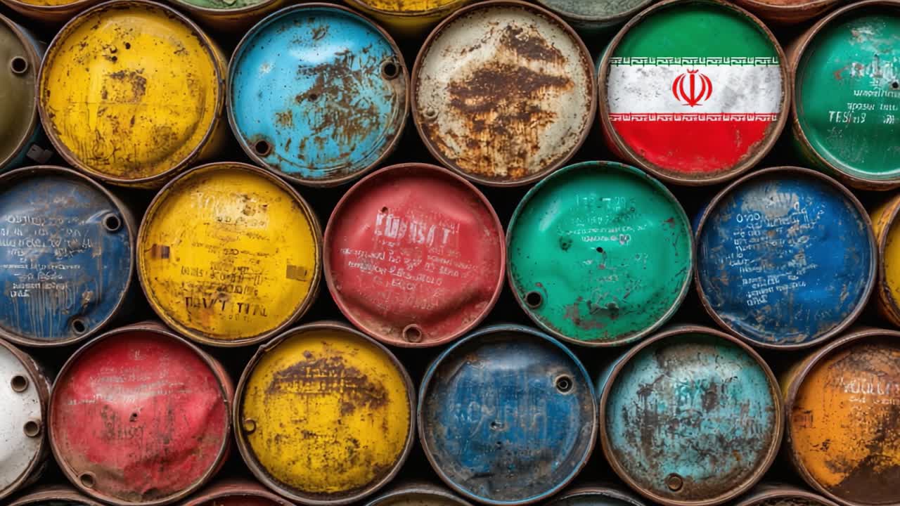 Eine bunte Anordnung von Fässern: Eine Nahaufnahme von mehrfarbigen Ölfässern, die verschiedene Rostmuster und unverwechselbare Farbgebungen in einem industriellen Umfeld zeigen.