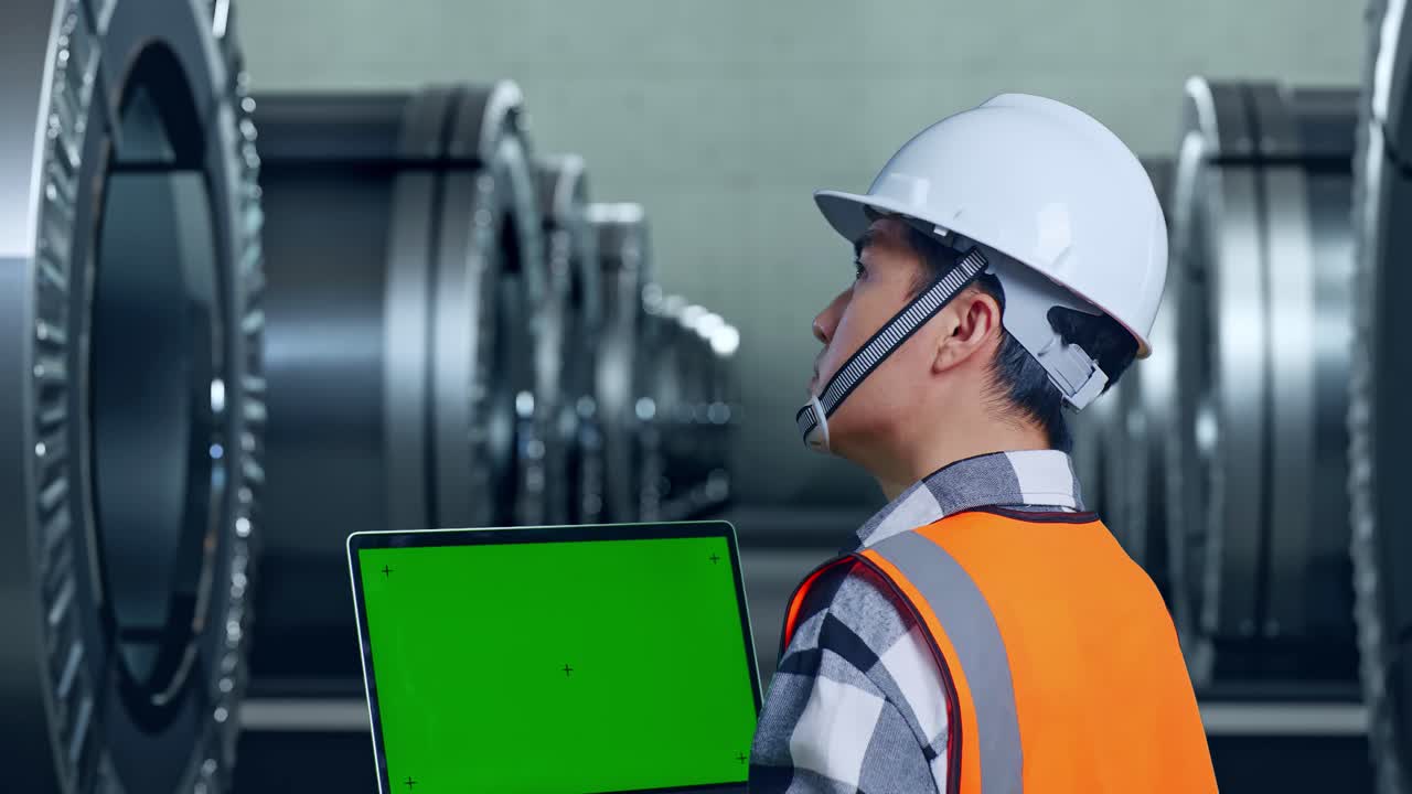 안전 헬을 입은 아시아 남성 엔지니어가 녹색 스크린 노트북에서 작업하고 금속 공장에서 서서 주변을 둘러보고 있습니다.