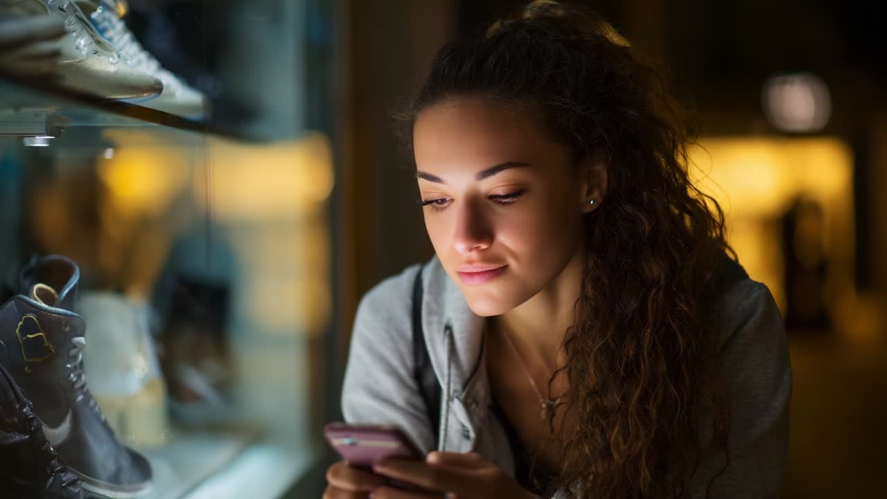 Una joven con el pelo rizado está absorta en su smartphone mientras está de pie cerca del escaparate de una tienda que exhibe zapatillas deportivas de moda, su expresión cambia de juguetona a concentrada en un ambiente con iluminación suave.