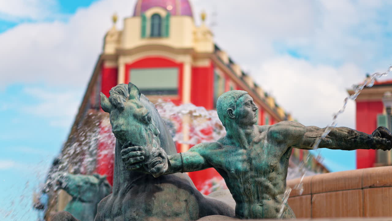 Nice, France - May 12, 2025: Close up of the Sun water fountain in the Massena Square in daylight