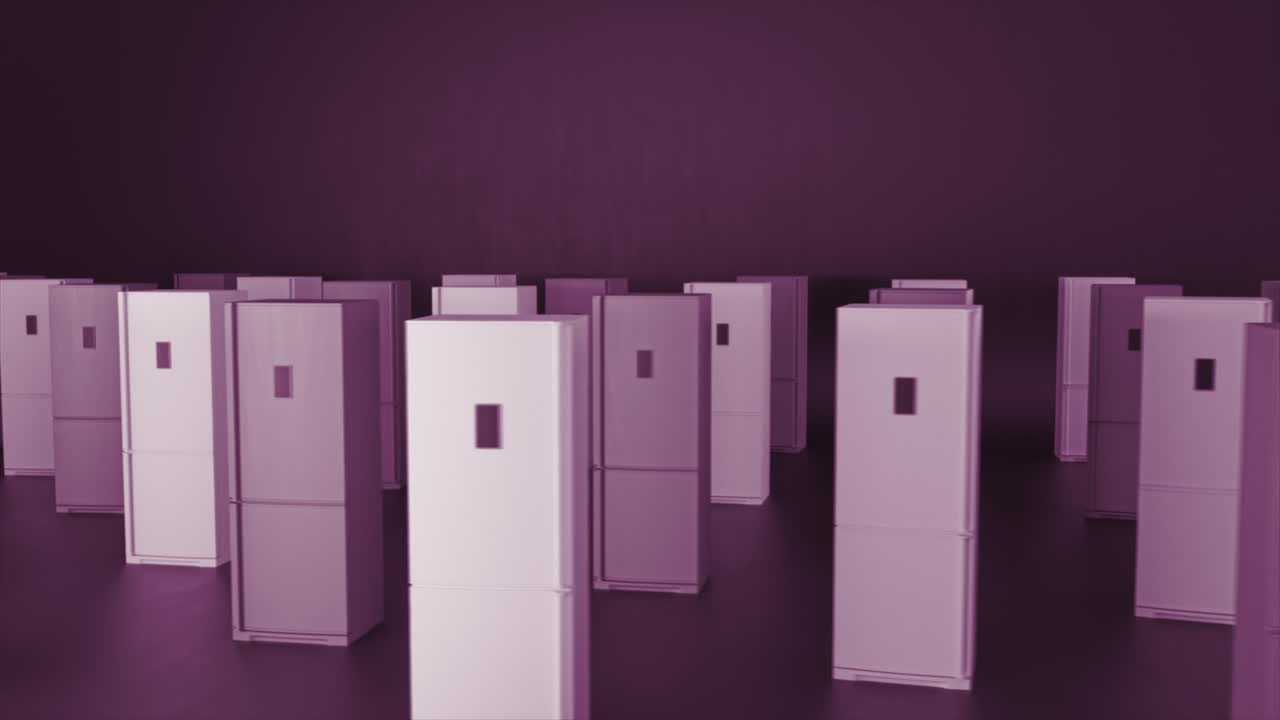 muchos refrigeradores en una habitación púrpura