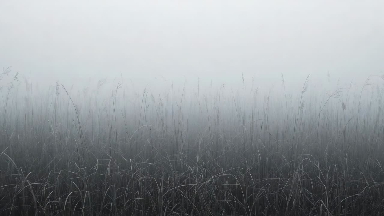Light breeze nudging dense tall grasses and reeds with seed heads at marsh edge, lifting fog