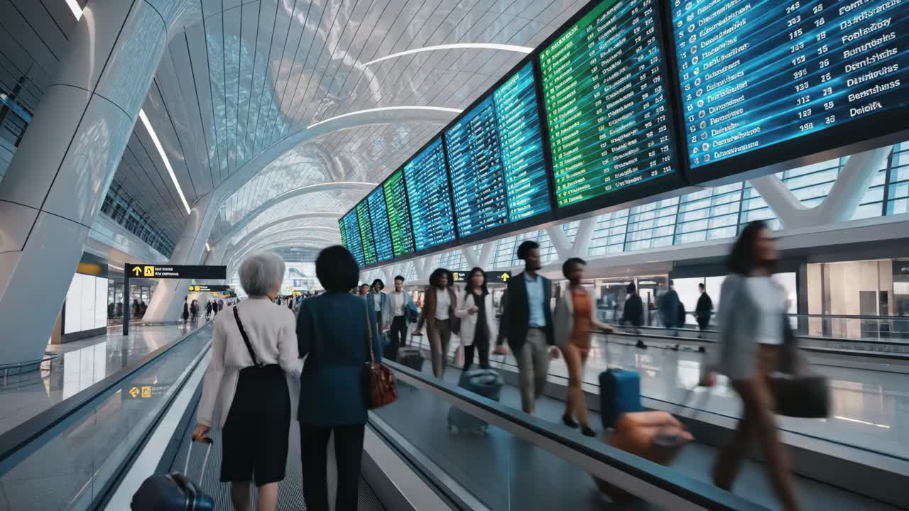 Airport Terminal with People and Departure Board